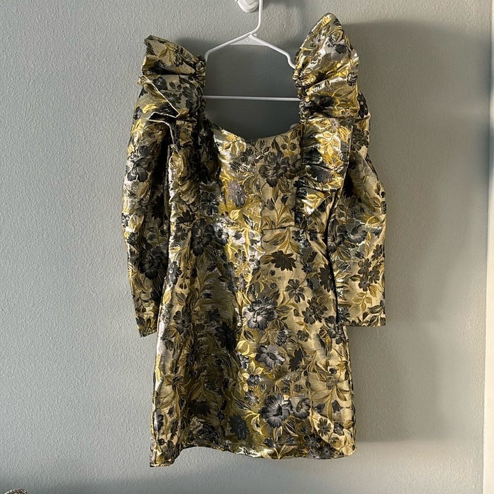 Sister Jane Gold & Silver Floral Puff Sleeve Statement Mini Dress
